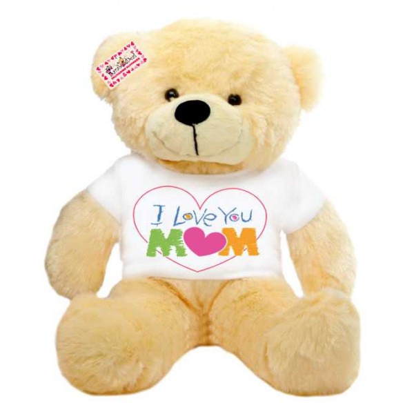 2 feet peach teddy bear wearing I Love You Mom T-shirt